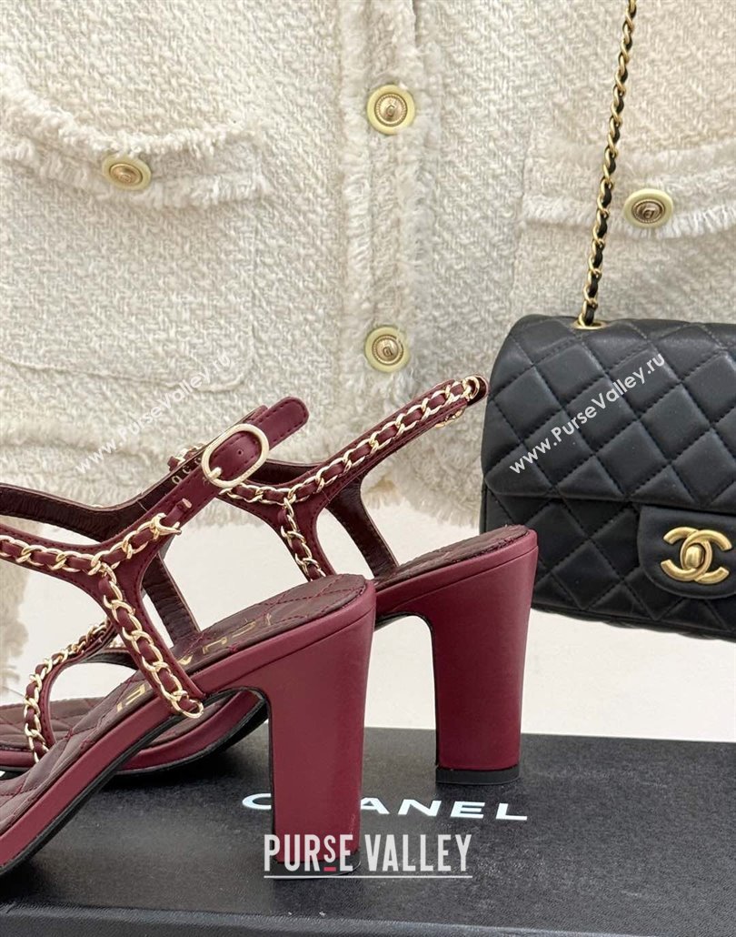 Chanel Lambskin Heel Sandals 8.5cm with Chain and Heart G46109 Dark Burgundy 2025 (KL-250304036)