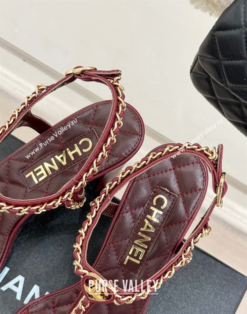 Chanel Lambskin Heel Sandals 8.5cm with Chain and Heart G46109 Dark Burgundy 2025 (KL-250304036)