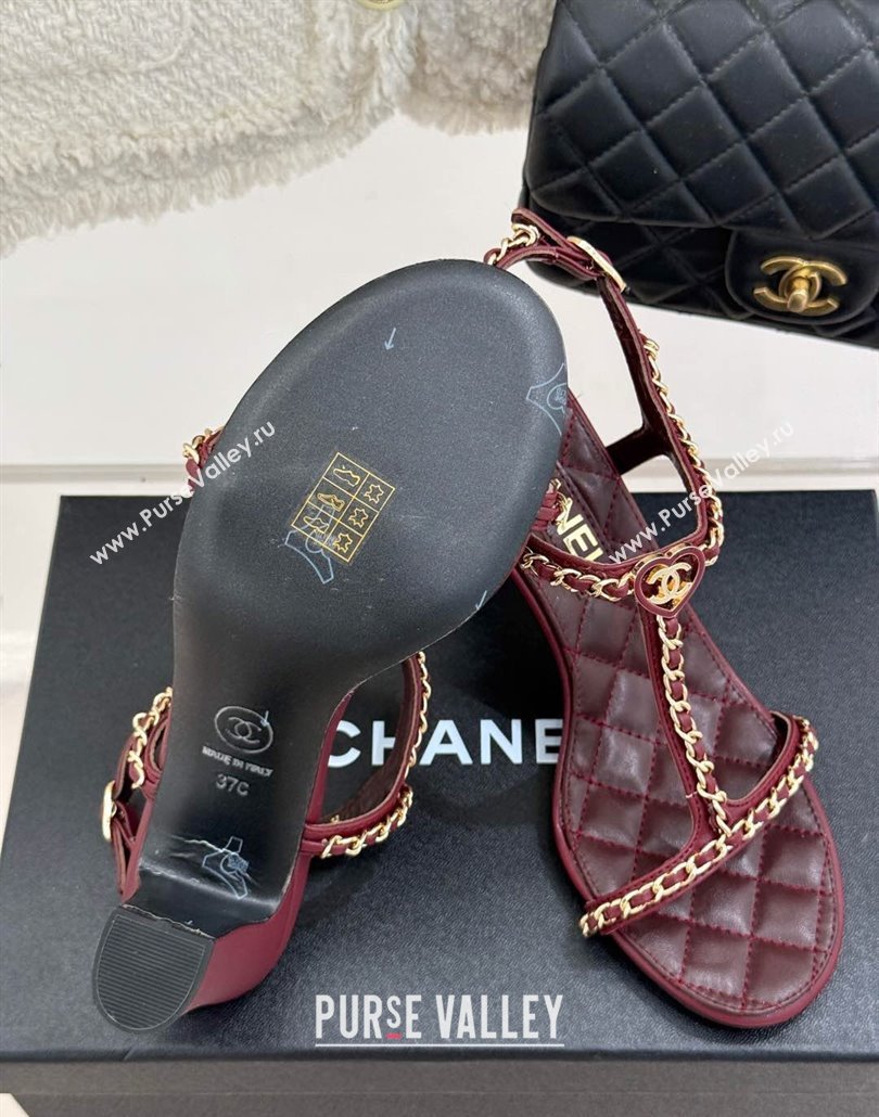 Chanel Lambskin Heel Sandals 8.5cm with Chain and Heart G46109 Dark Burgundy 2025 (KL-250304036)