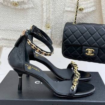 Chanel Calfskin Heel Sandals 7.5cm with Logo Charm Black 2025 CH030502 (MD-250305010)