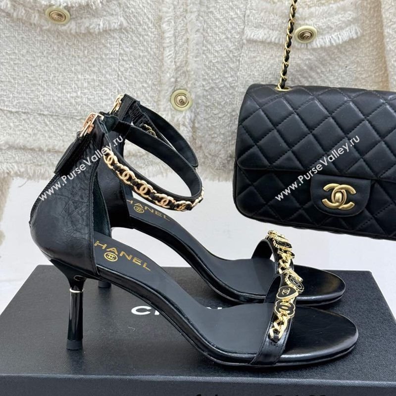 Chanel Calfskin Heel Sandals 7.5cm with Logo Charm Black 2025 CH030502 (MD-250305010)