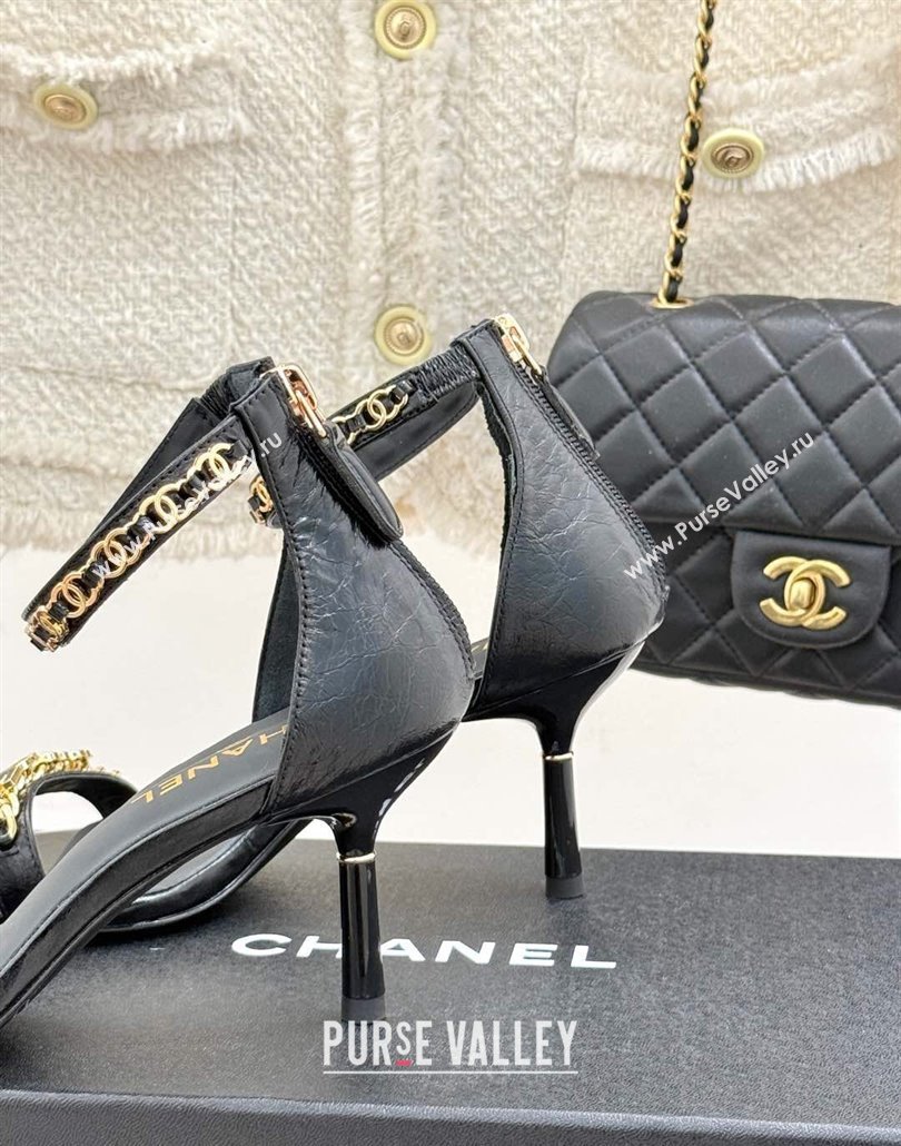 Chanel Calfskin Heel Sandals 7.5cm with Logo Charm Black 2025 CH030502 (MD-250305010)