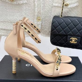 Chanel Calfskin Heel Sandals 7.5cm with Logo Charm Beige 2025 CH030502 (MD-250305012)