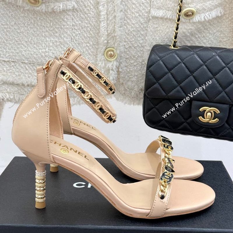 Chanel Calfskin Heel Sandals 7.5cm with Logo Charm Beige 2025 CH030502 (MD-250305012)