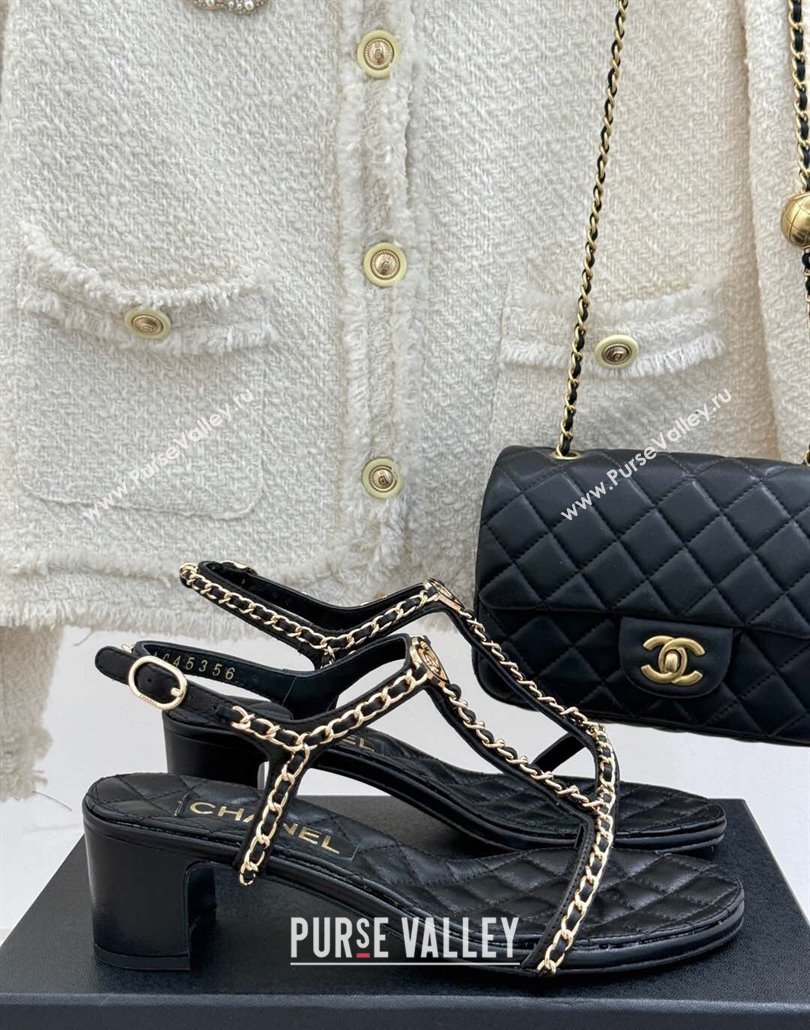 Chanel Lambskin Heel Sandals 4.5cm with Chain and Heart G46109 Black 2025 (KL-250304037)