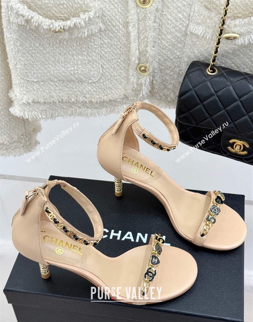 Chanel Calfskin Heel Sandals 7.5cm with Logo Charm Beige 2025 CH030502 (MD-250305012)