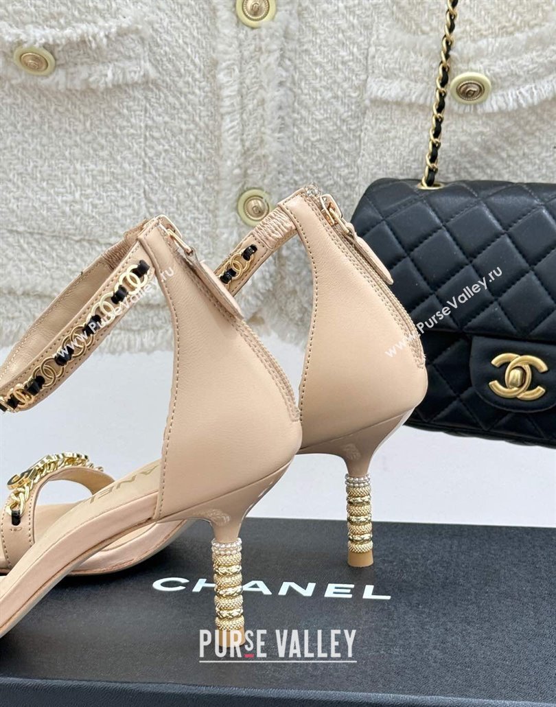 Chanel Calfskin Heel Sandals 7.5cm with Logo Charm Beige 2025 CH030502 (MD-250305012)