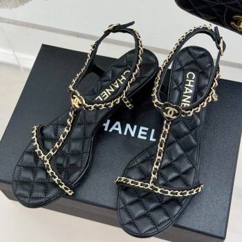 Chanel Lambskin Heel Sandals 4.5cm with Chain and Heart G46109 Black 2025 (KL-250304037)
