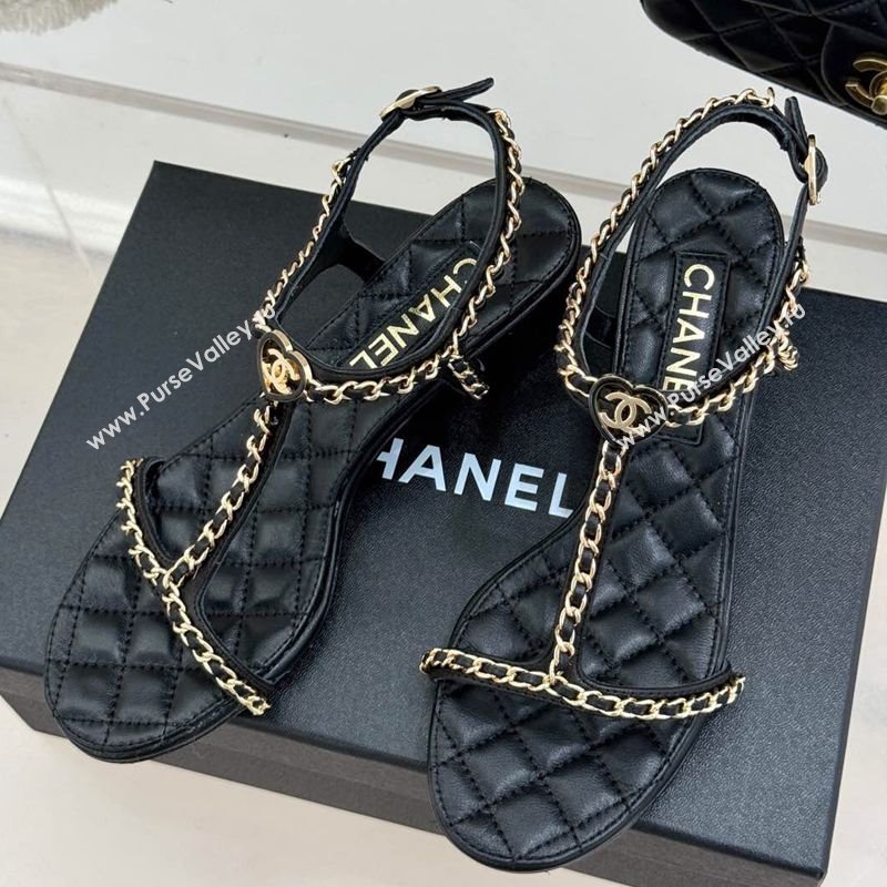Chanel Lambskin Heel Sandals 4.5cm with Chain and Heart G46109 Black 2025 (KL-250304037)