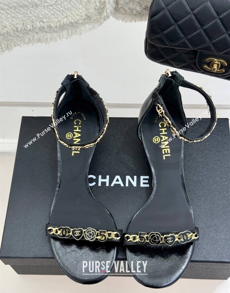 Chanel Calfskin Heel Sandals 3.5cm with Logo Charm Black 2025 CH030502 (MD-250305013)