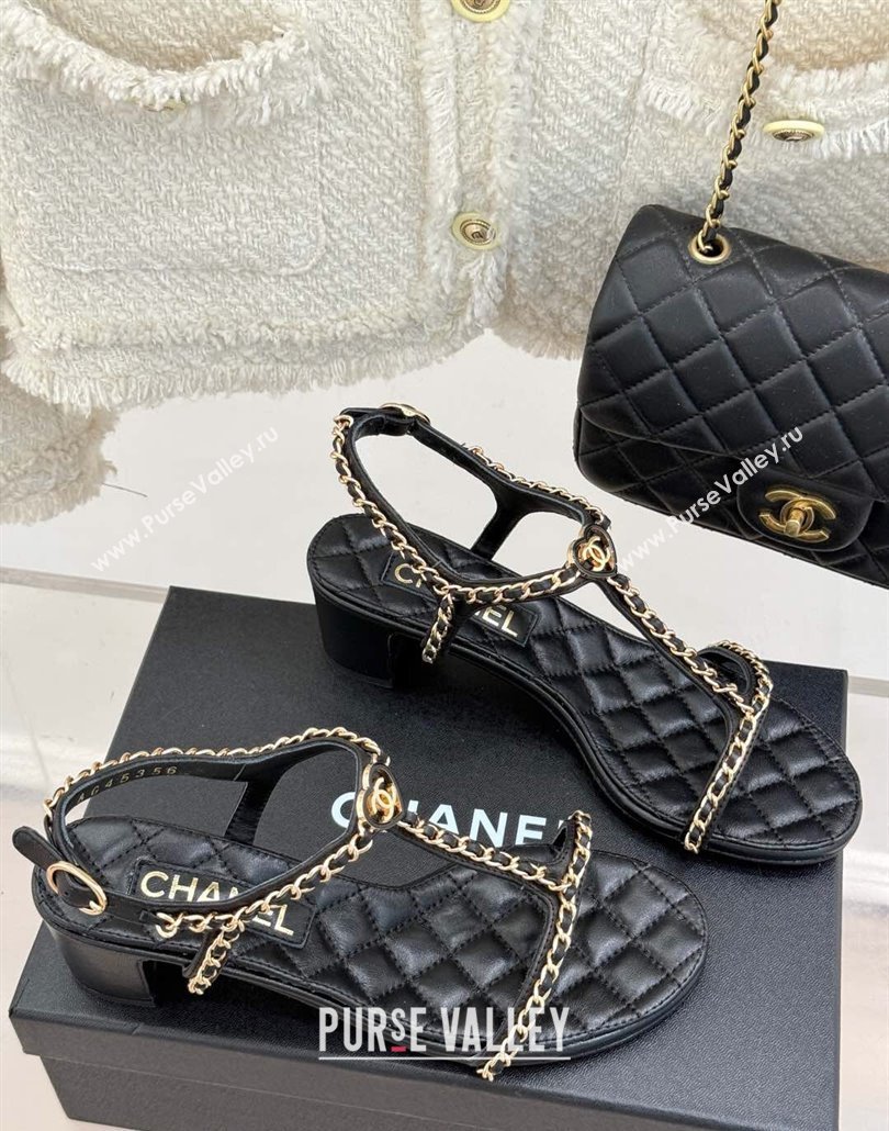 Chanel Lambskin Heel Sandals 4.5cm with Chain and Heart G46109 Black 2025 (KL-250304037)