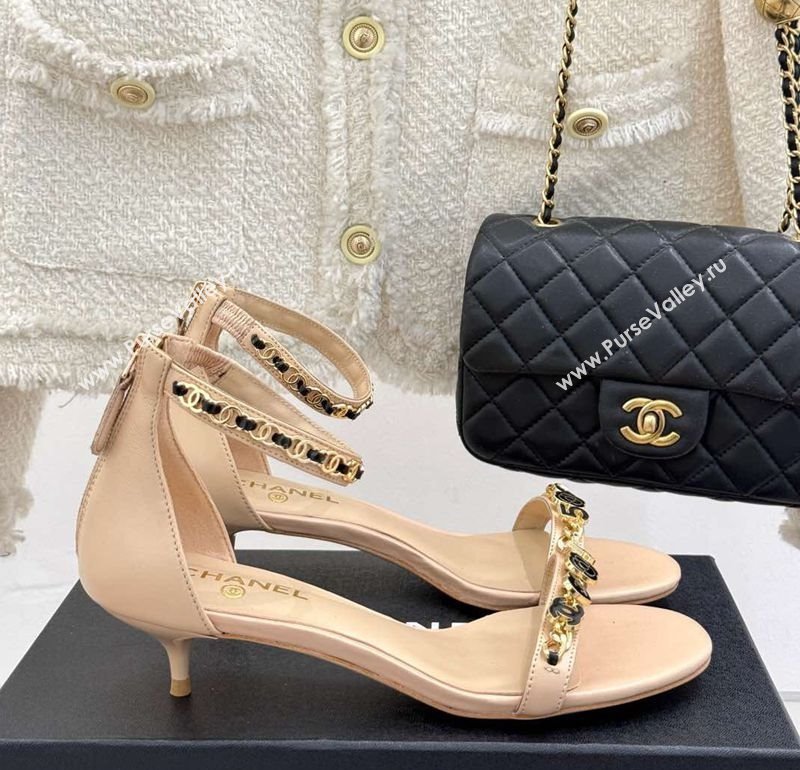 Chanel Calfskin Heel Sandals 3.5cm with Logo Charm Beige 2025 CH030502 (MD-250305015)