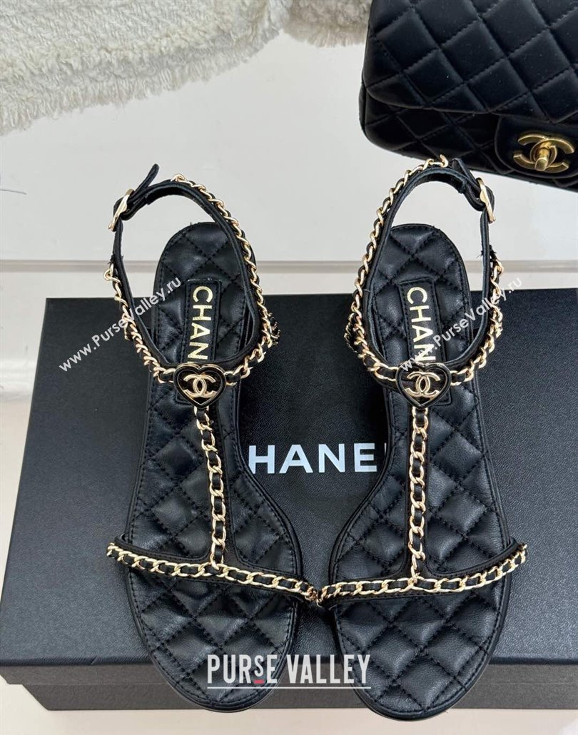 Chanel Lambskin Heel Sandals 4.5cm with Chain and Heart G46109 Black 2025 (KL-250304037)