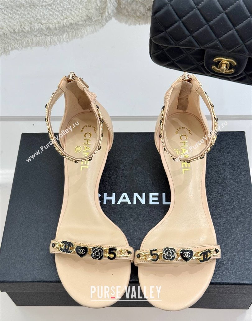 Chanel Calfskin Heel Sandals 3.5cm with Logo Charm Beige 2025 CH030502 (MD-250305015)