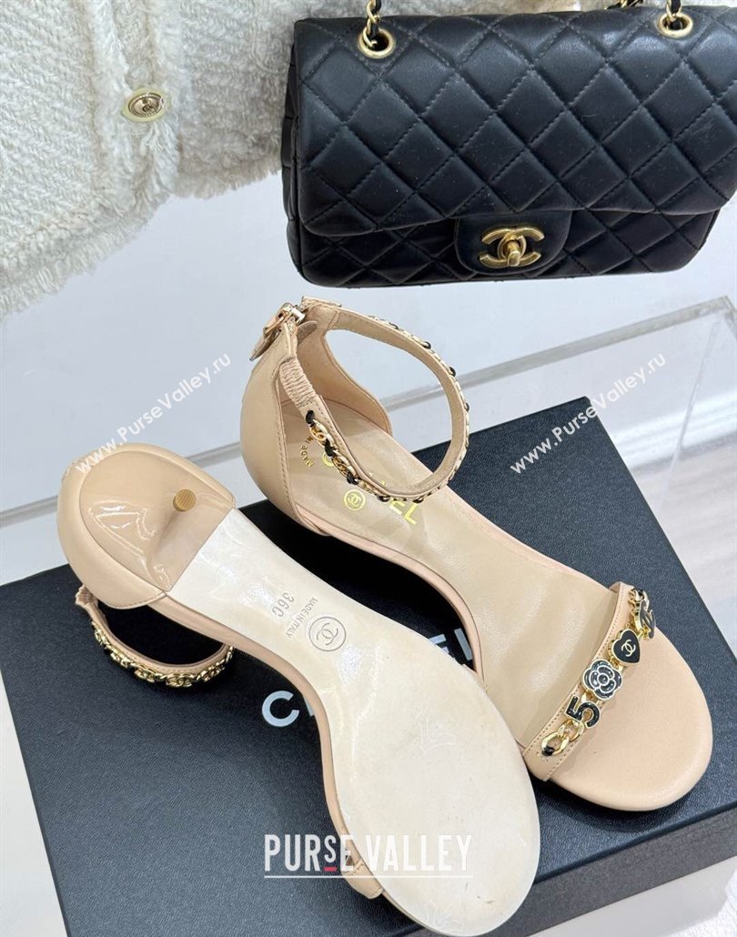 Chanel Calfskin Heel Sandals 3.5cm with Logo Charm Beige 2025 CH030502 (MD-250305015)