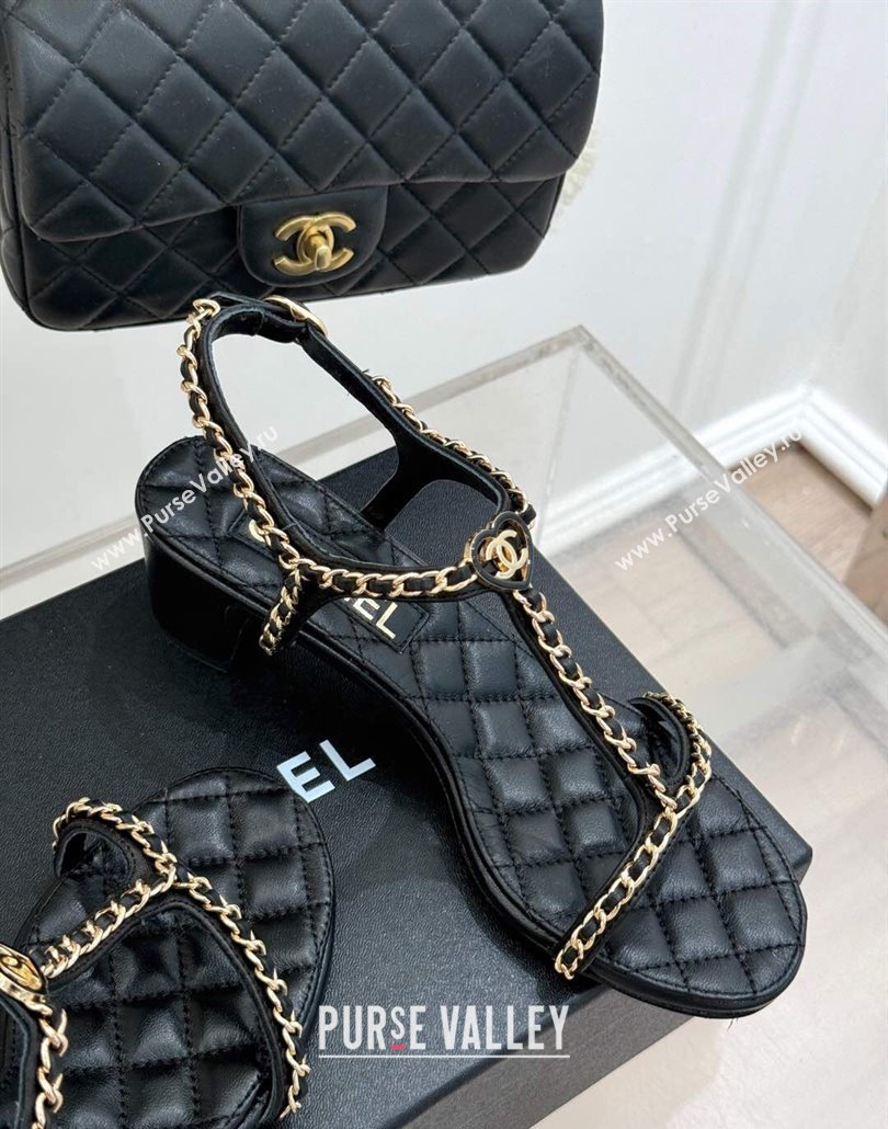 Chanel Lambskin Heel Sandals 4.5cm with Chain and Heart G46109 Black 2025 (KL-250304037)