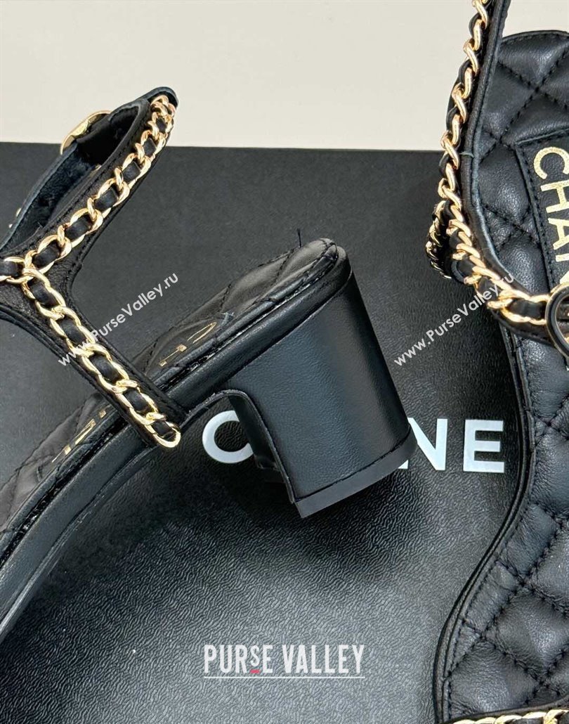 Chanel Lambskin Heel Sandals 4.5cm with Chain and Heart G46109 Black 2025 (KL-250304037)