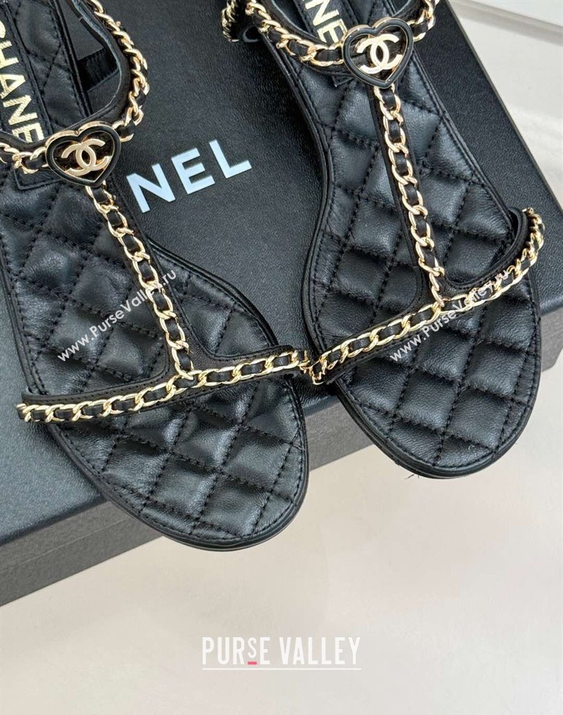 Chanel Lambskin Heel Sandals 4.5cm with Chain and Heart G46109 Black 2025 (KL-250304037)