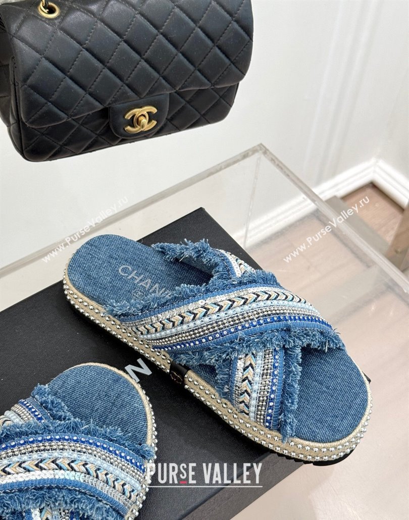 Chanel Denim Flat Slides Sandal with Cross Strap and Beads Blue 2025 CH030108 (MD-250301054)