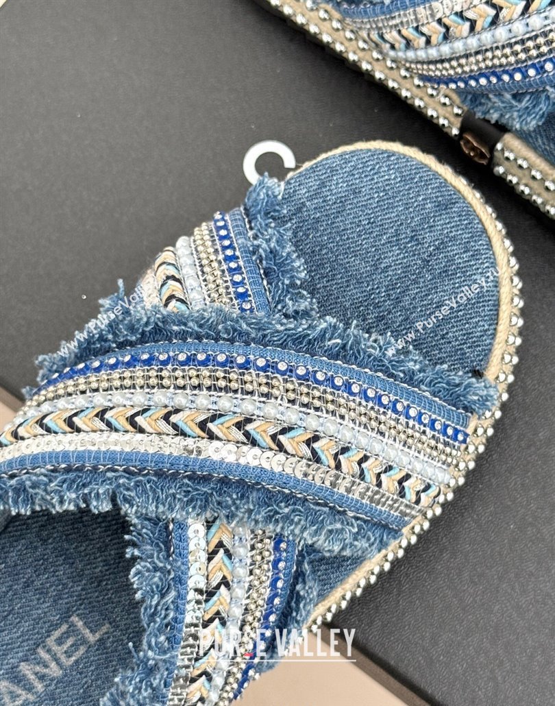 Chanel Denim Flat Slides Sandal with Cross Strap and Beads Blue 2025 CH030108 (MD-250301054)