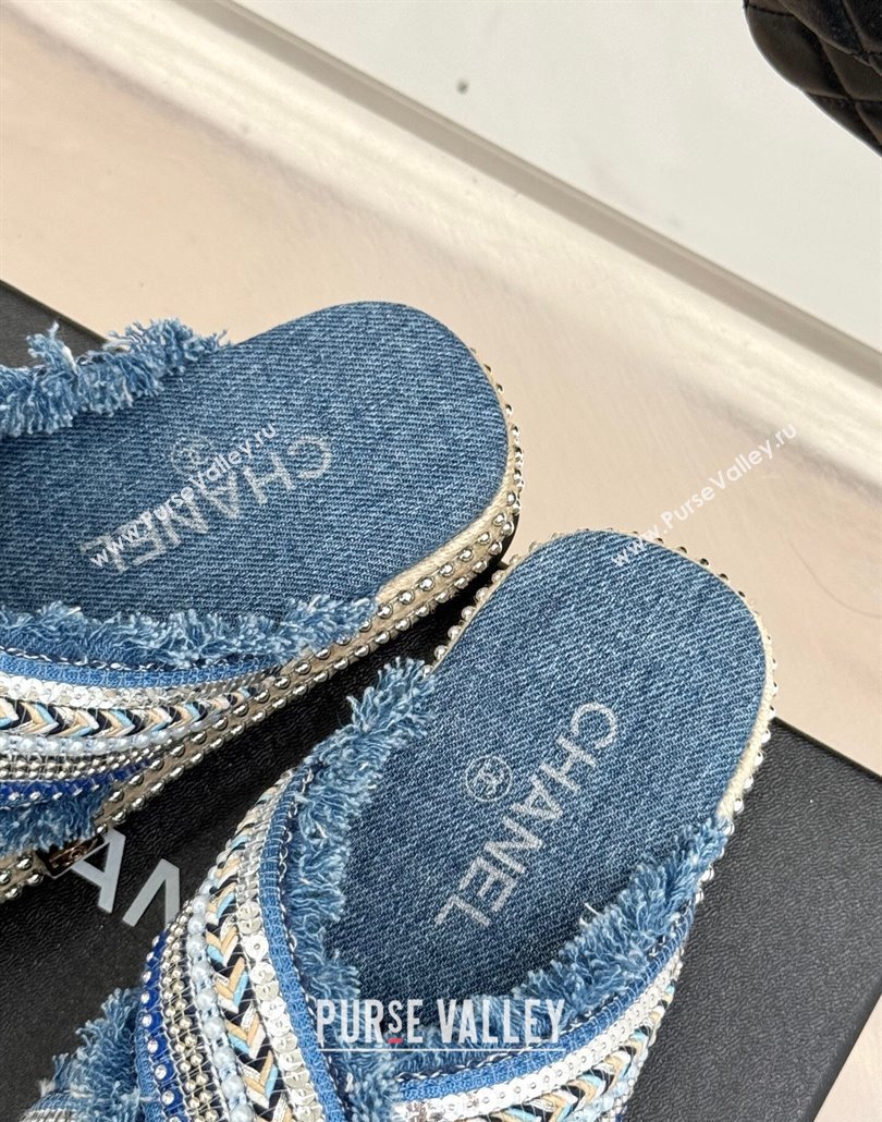 Chanel Denim Flat Slides Sandal with Cross Strap and Beads Blue 2025 CH030108 (MD-250301054)