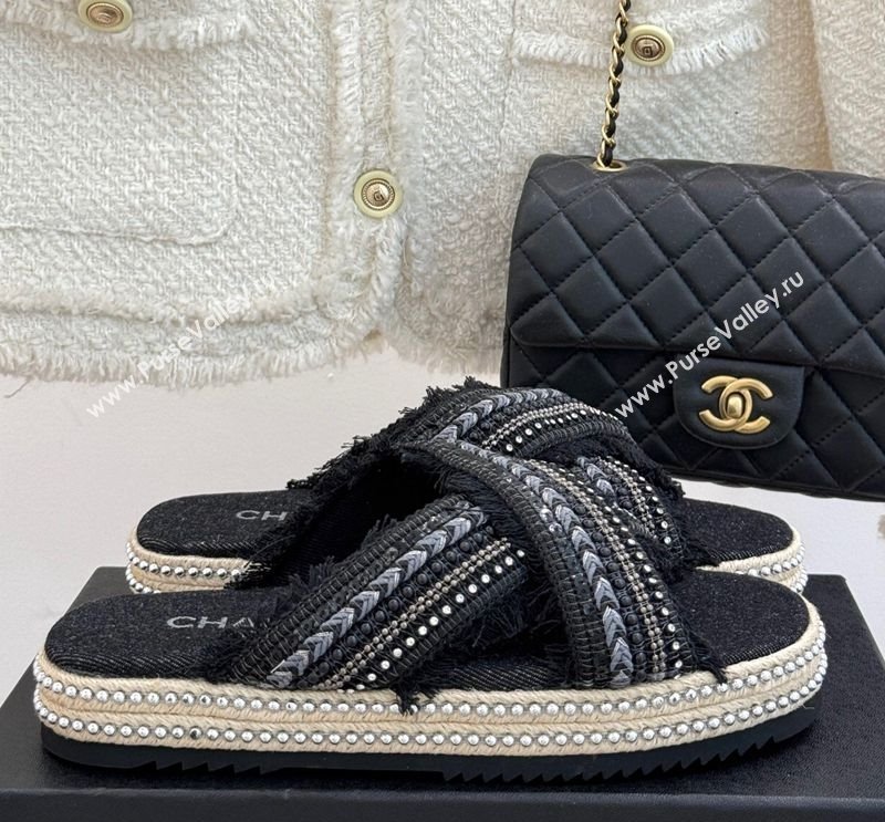 Chanel Denim Flat Slides Sandal with Cross Strap and Beads Black 2025 CH030108 (MD-250301056)
