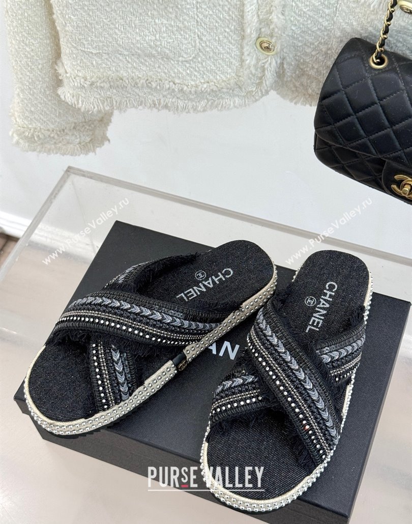 Chanel Denim Flat Slides Sandal with Cross Strap and Beads Black 2025 CH030108 (MD-250301056)