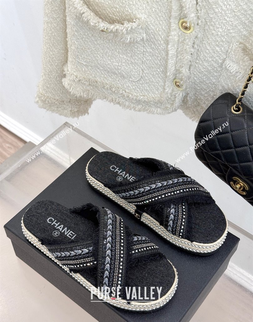 Chanel Denim Flat Slides Sandal with Cross Strap and Beads Black 2025 CH030108 (MD-250301056)