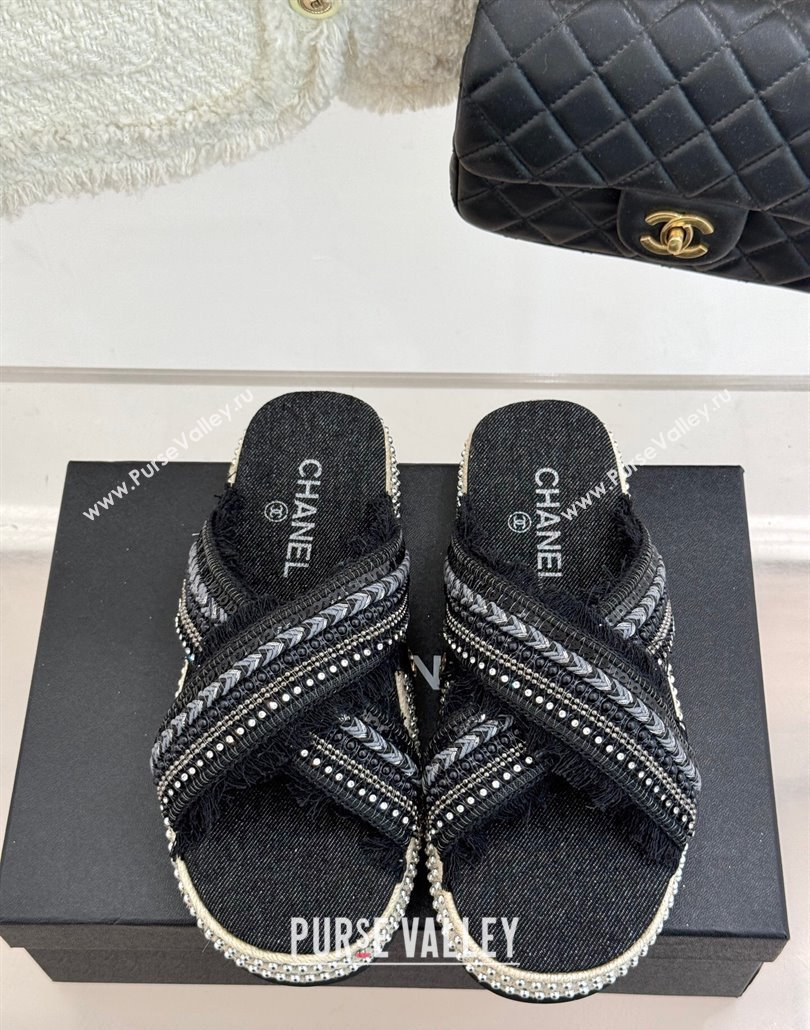 Chanel Denim Flat Slides Sandal with Cross Strap and Beads Black 2025 CH030108 (MD-250301056)