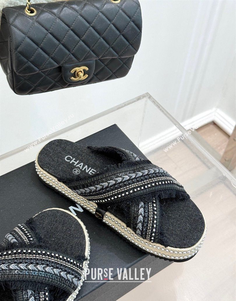 Chanel Denim Flat Slides Sandal with Cross Strap and Beads Black 2025 CH030108 (MD-250301056)