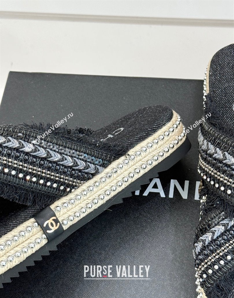 Chanel Denim Flat Slides Sandal with Cross Strap and Beads Black 2025 CH030108 (MD-250301056)