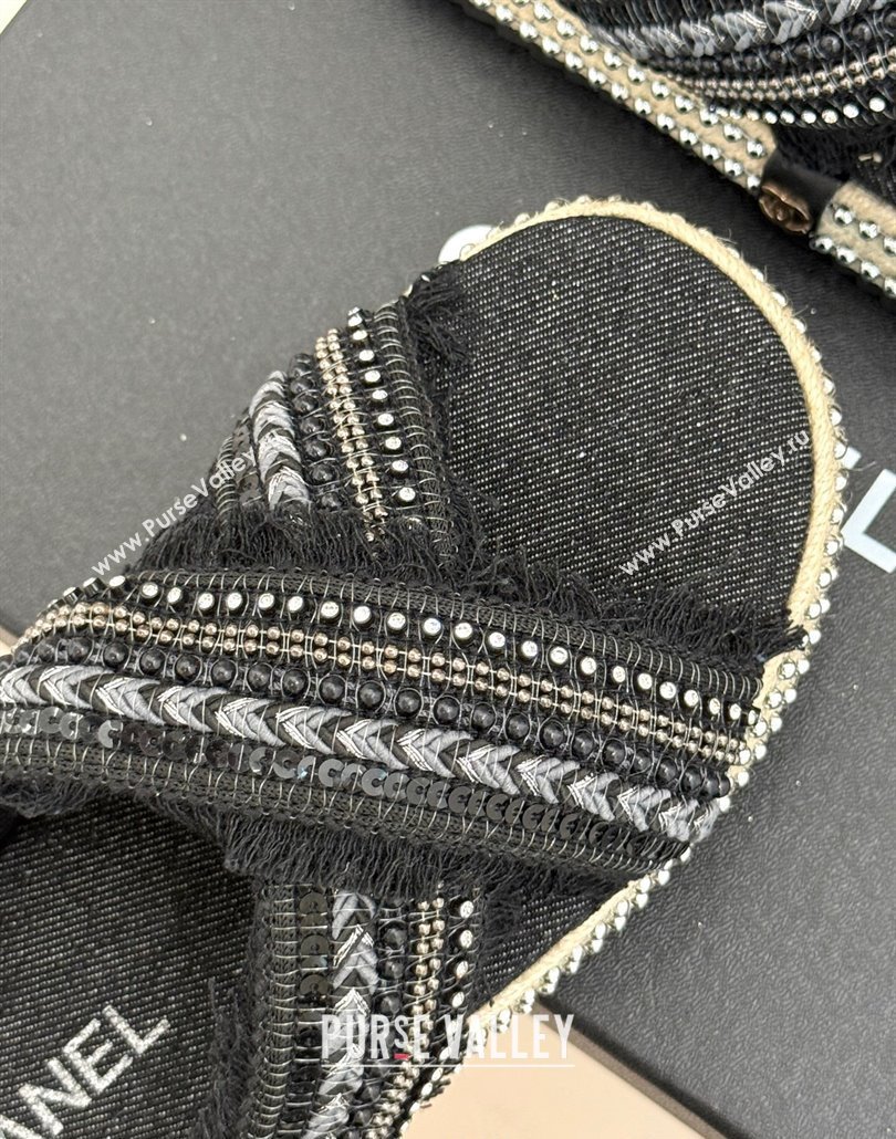 Chanel Denim Flat Slides Sandal with Cross Strap and Beads Black 2025 CH030108 (MD-250301056)