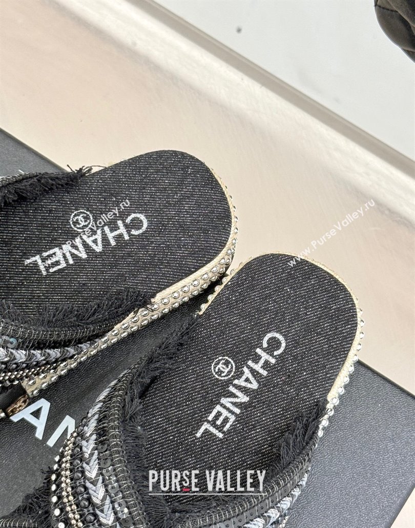 Chanel Denim Flat Slides Sandal with Cross Strap and Beads Black 2025 CH030108 (MD-250301056)