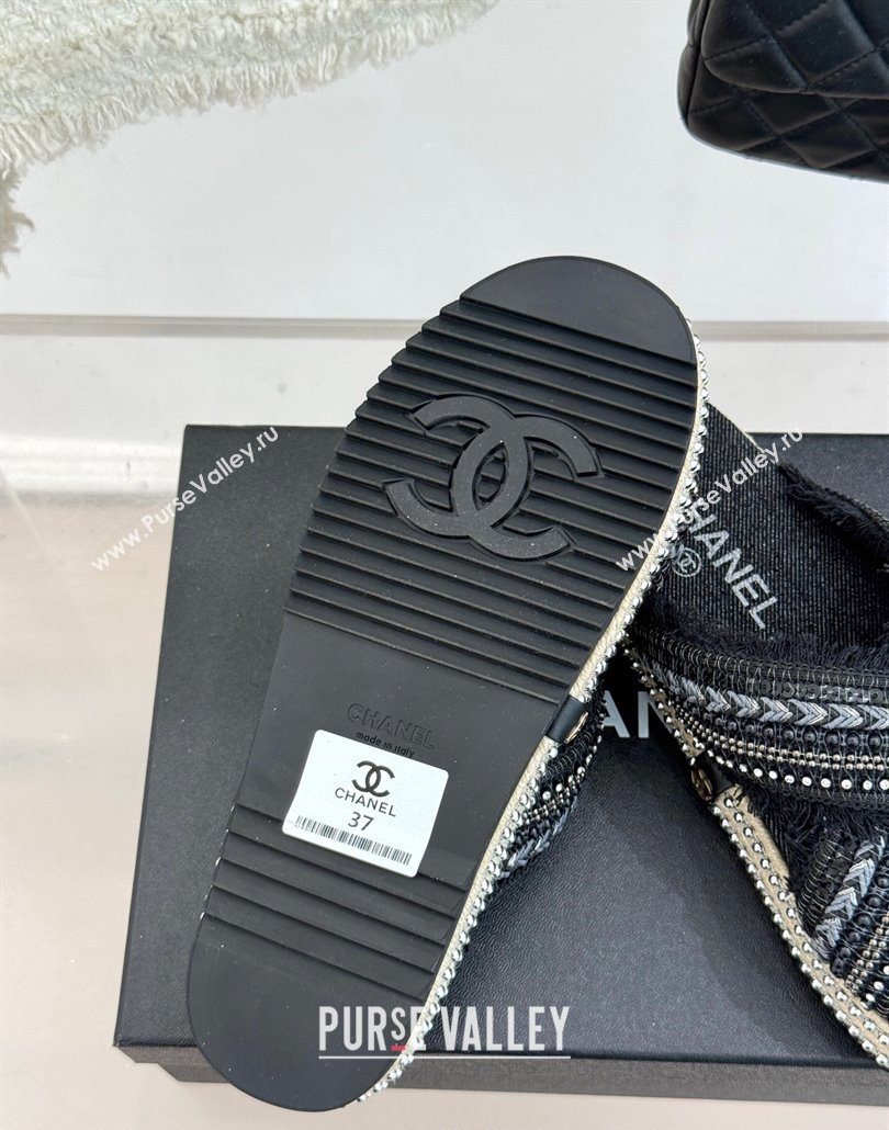 Chanel Denim Flat Slides Sandal with Cross Strap and Beads Black 2025 CH030108 (MD-250301056)