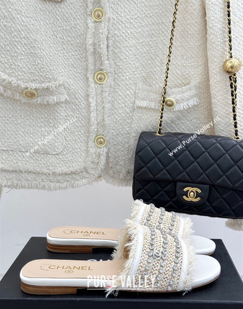 Chanel Straw-Like Slides Sandal with Strass White 2025 CH030109 (MD-250301058)