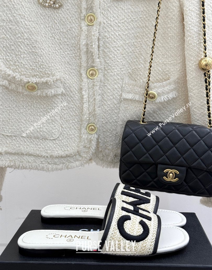 Chanel Straw-Like Slides Sandal with Letters Embroidery White 2025 CH030110 (MD-250301061)
