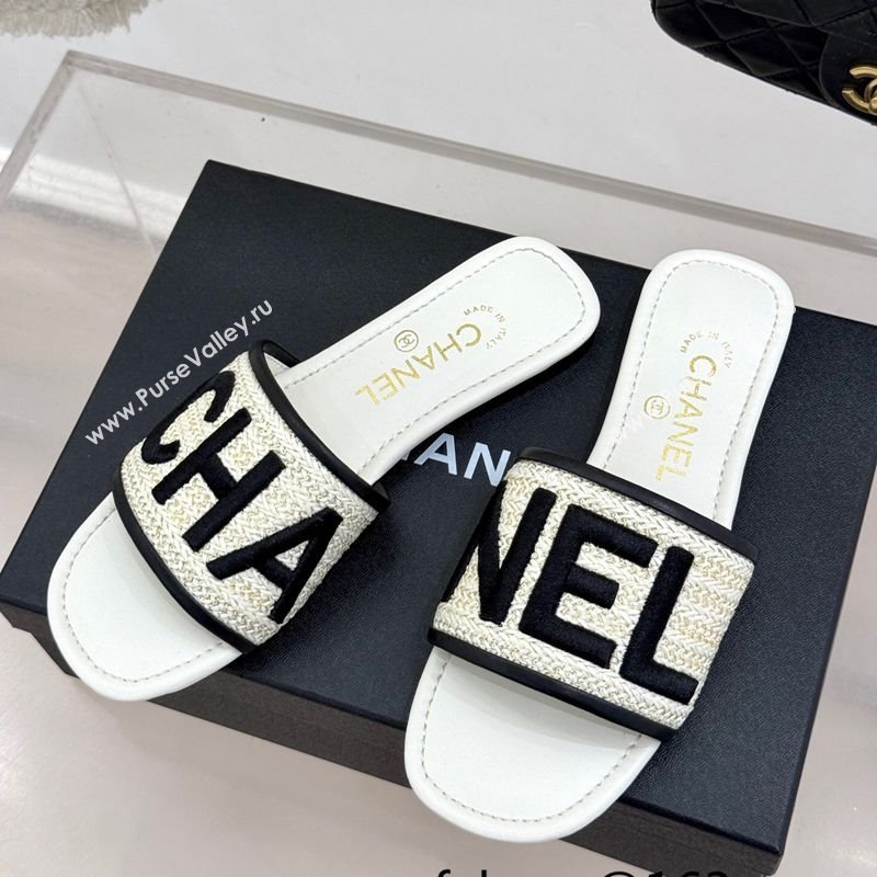Chanel Straw-Like Slides Sandal with Letters Embroidery White 2025 CH030110 (MD-250301061)