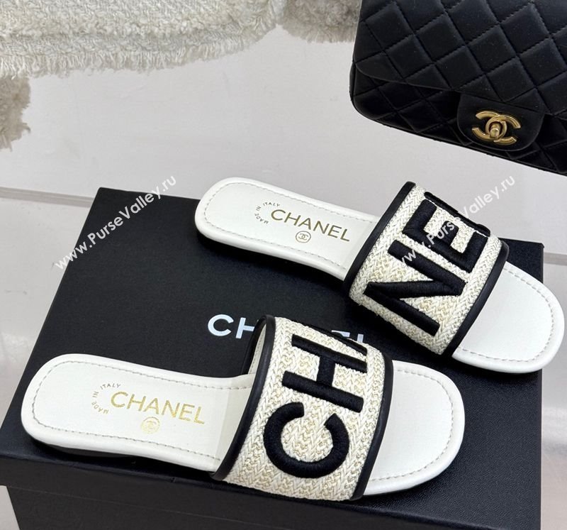 Chanel Straw-Like Slides Sandal with Letters Embroidery White 2025 CH030110 (MD-250301061)