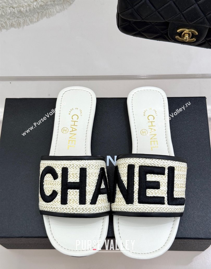 Chanel Straw-Like Slides Sandal with Letters Embroidery White 2025 CH030110 (MD-250301061)