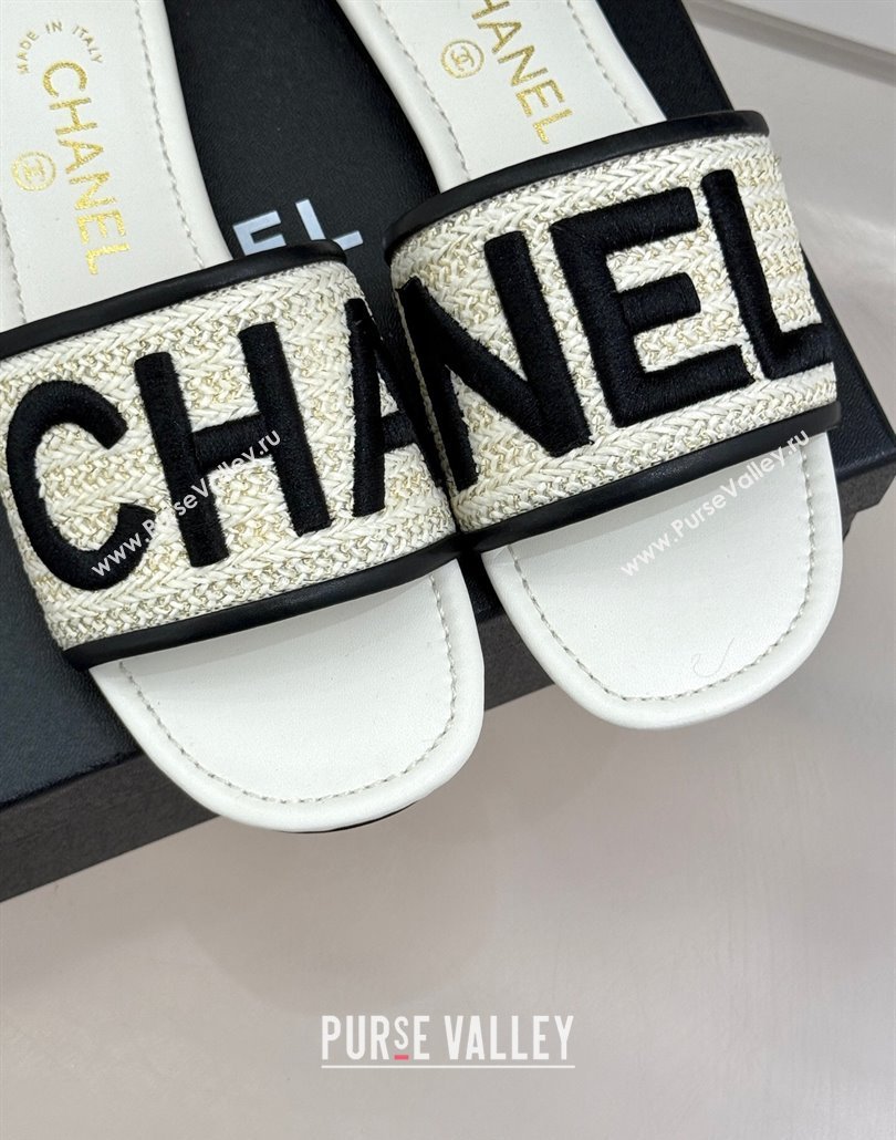 Chanel Straw-Like Slides Sandal with Letters Embroidery White 2025 CH030110 (MD-250301061)
