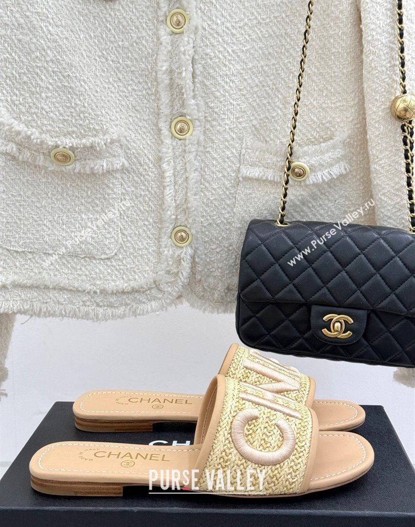 Chanel Straw-Like Slides Sandal with Letters Embroidery Beige 2025 CH030110 (MD-250301064)