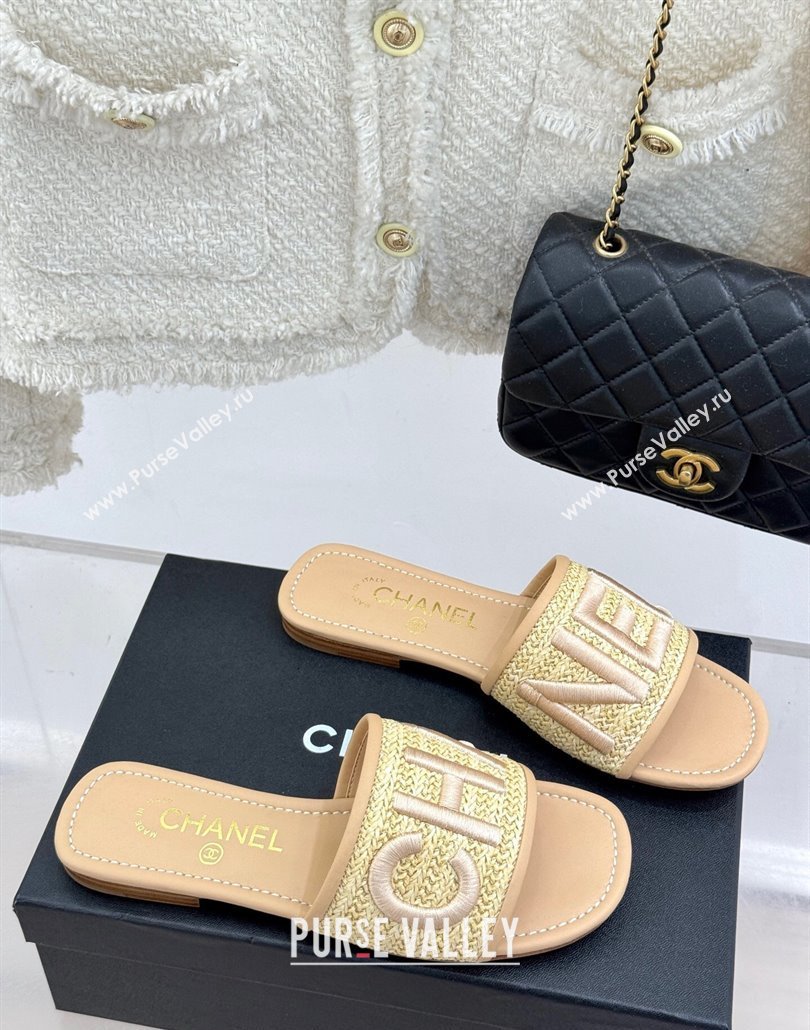 Chanel Straw-Like Slides Sandal with Letters Embroidery Beige 2025 CH030110 (MD-250301064)