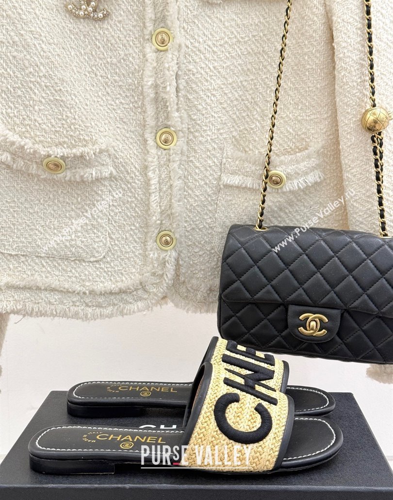 Chanel Straw-Like Slides Sandal with Letters Embroidery Black 2025 CH030110 (MD-250301065)
