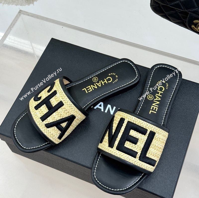Chanel Straw-Like Slides Sandal with Letters Embroidery Black 2025 CH030110 (MD-250301065)
