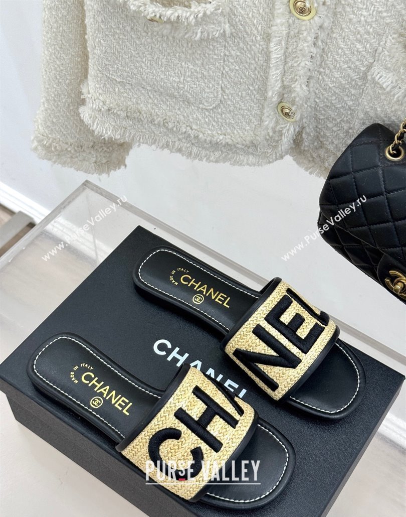 Chanel Straw-Like Slides Sandal with Letters Embroidery Black 2025 CH030110 (MD-250301065)