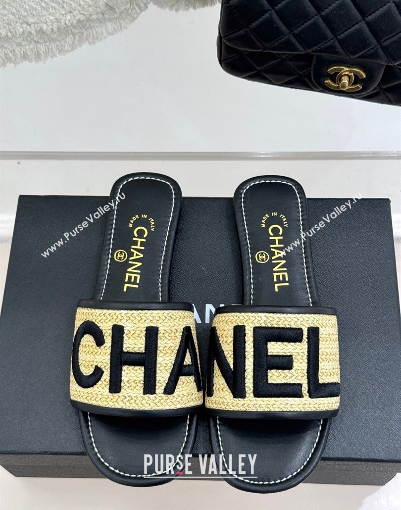 Chanel Straw-Like Slides Sandal with Letters Embroidery Black 2025 CH030110 (MD-250301065)