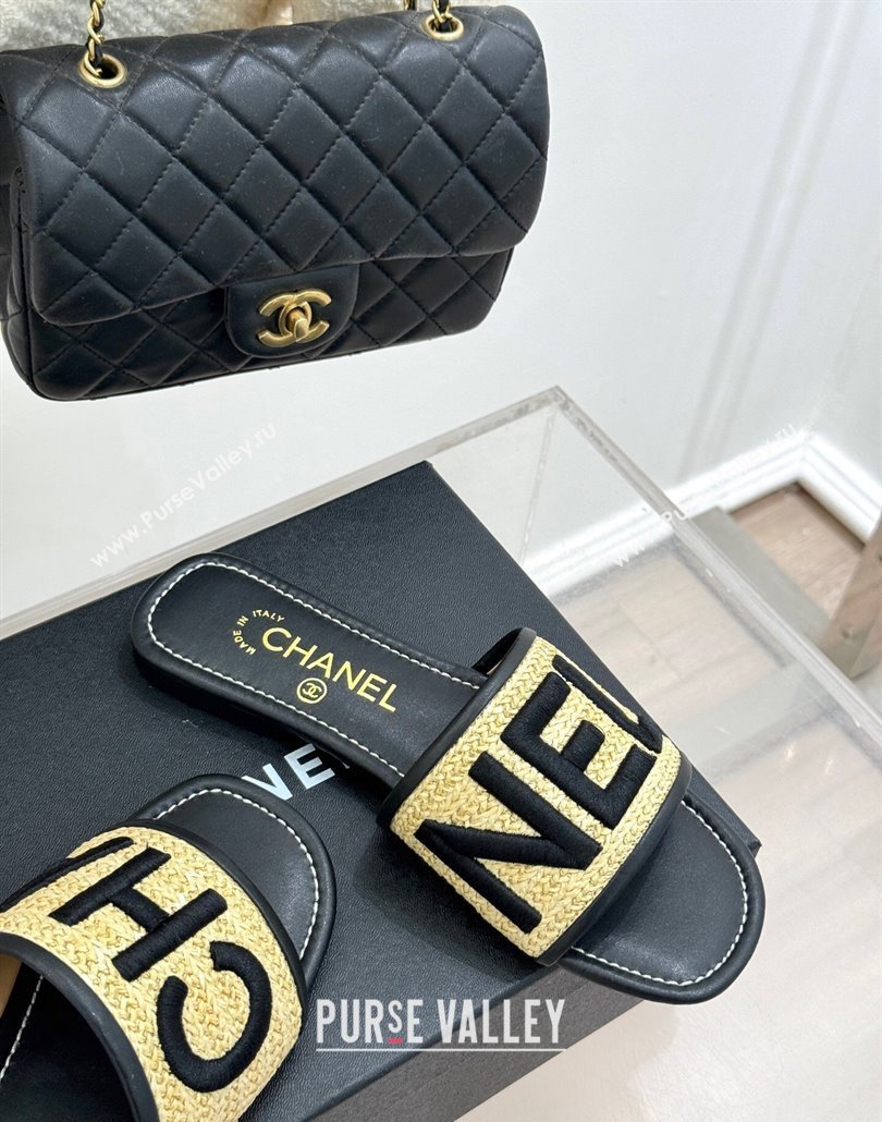 Chanel Straw-Like Slides Sandal with Letters Embroidery Black 2025 CH030110 (MD-250301065)