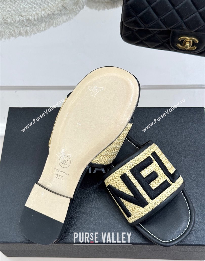 Chanel Straw-Like Slides Sandal with Letters Embroidery Black 2025 CH030110 (MD-250301065)