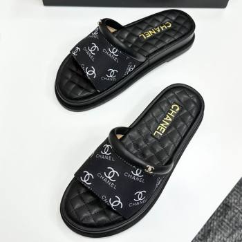 Chanel Printed Fabric Platform Slides Sandal Black 2025 CH030301 (MD-250303001)