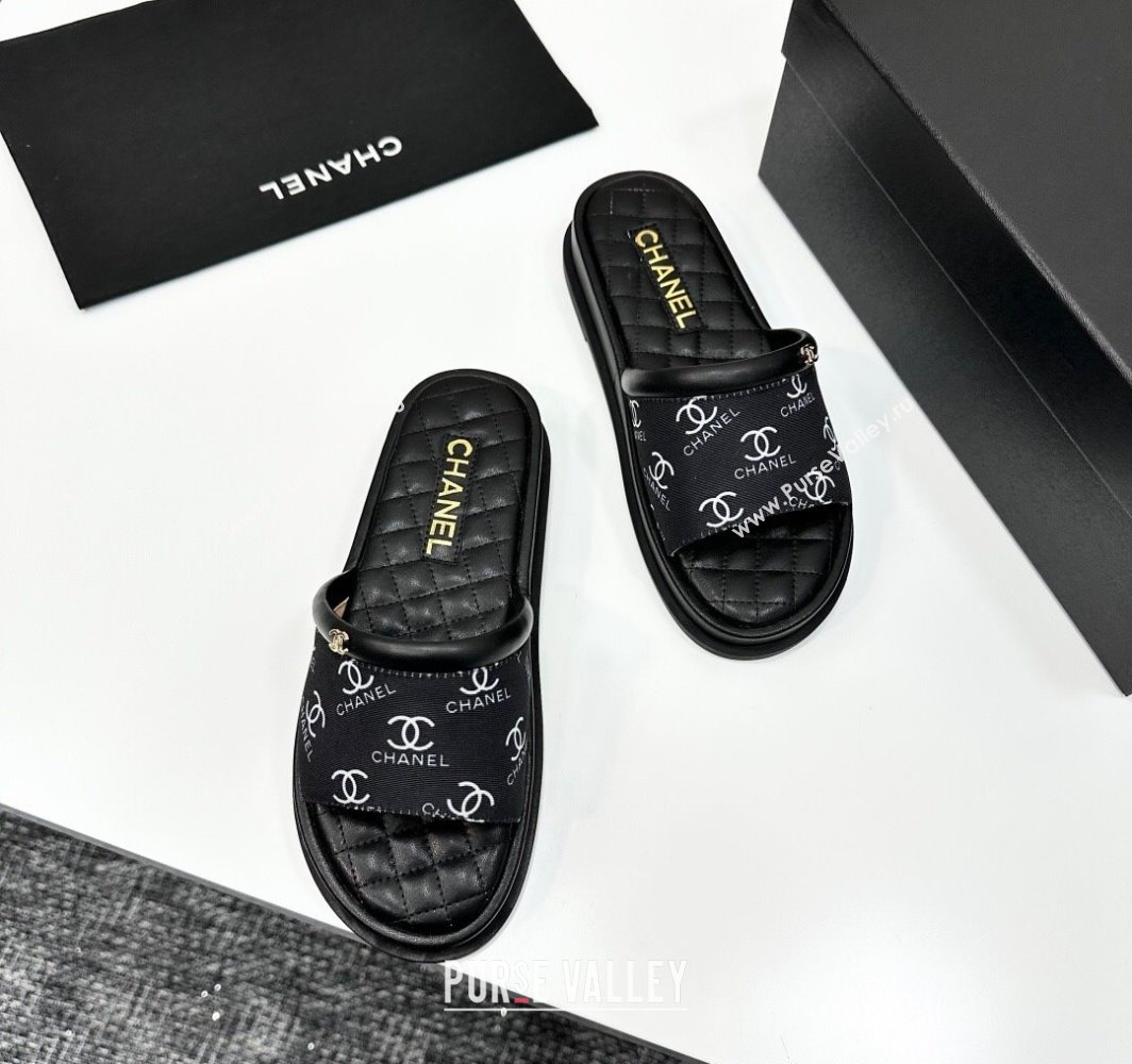 Chanel Printed Fabric Platform Slides Sandal Black 2025 CH030301 (MD-250303001)
